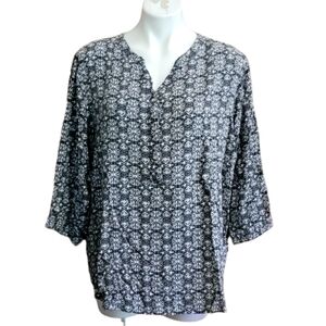 Rebecca Malone Patterned half button 3/4 sleeve top Black & White Size 2X
